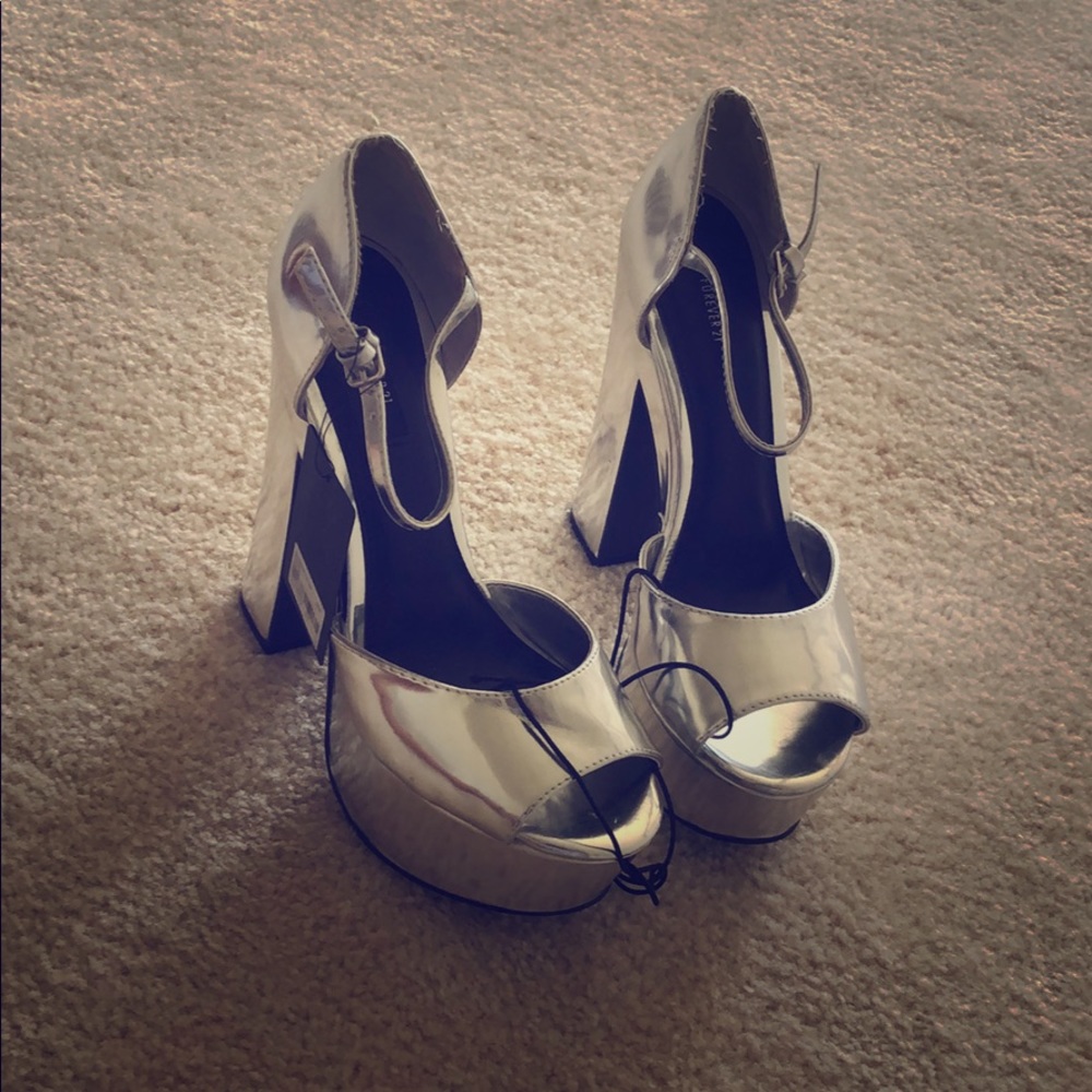 Silver platform open toe shoes by Forever 21